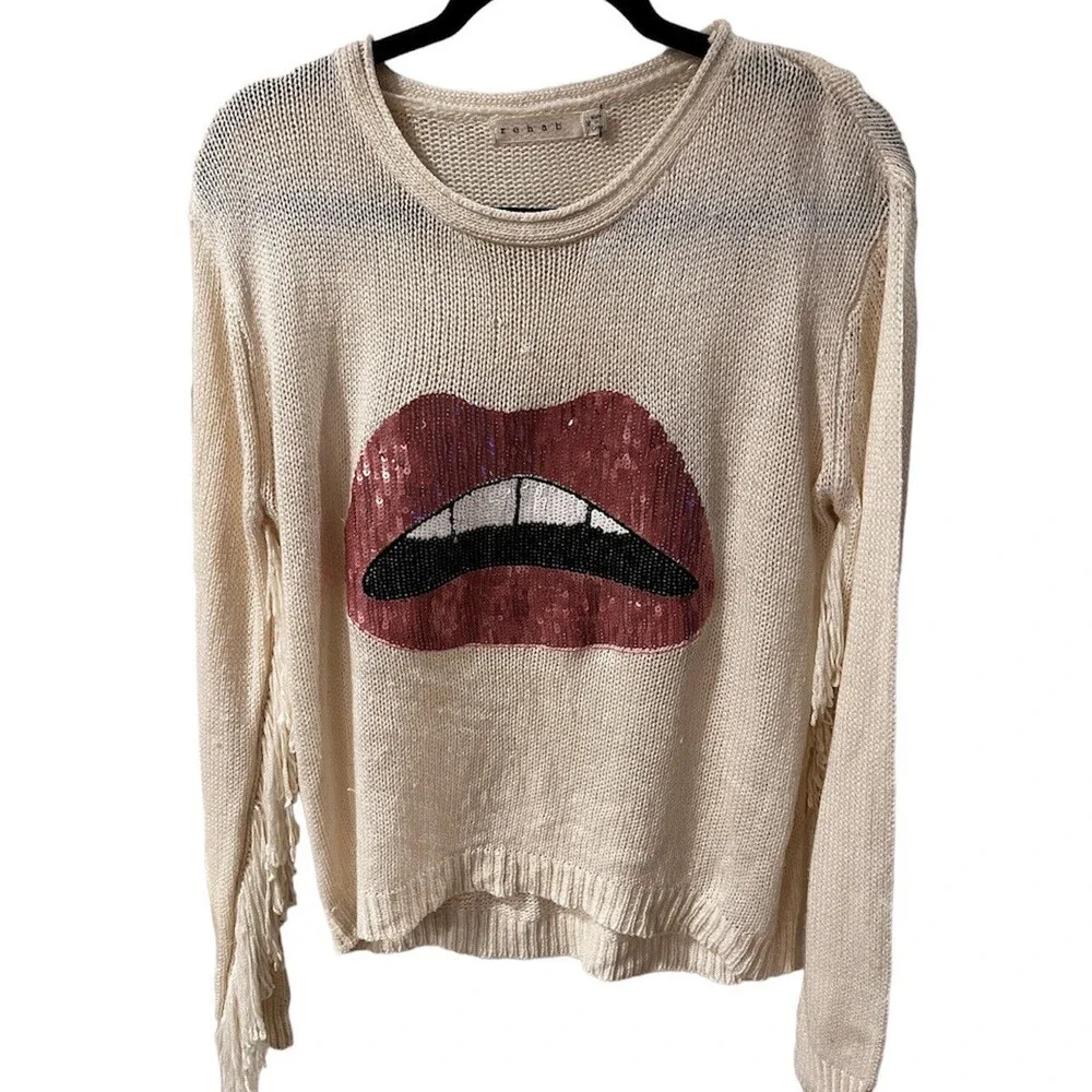 Boutique REHAB Lips Pullover SWEATER Womens SZ M Ivory Fringe Sequin grunge edgy